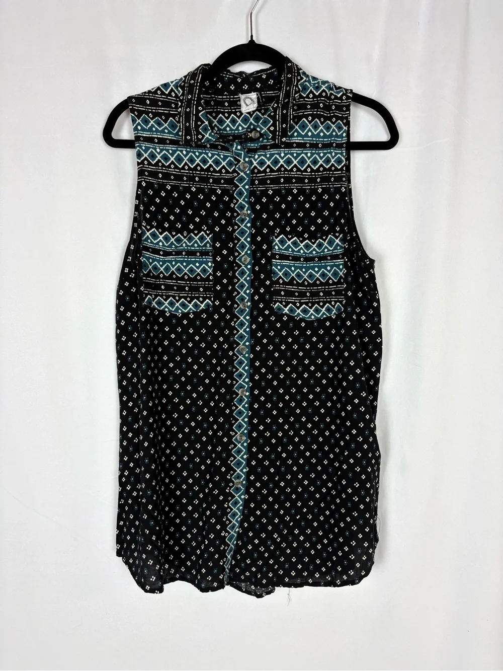 Anthropologie Black Sleeveless Button-Down Top with Teal Trim